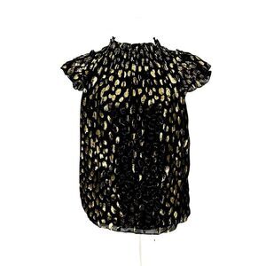 Rebecca Taylor Black Gold Metallic Spotted Silk Off Shoulder Ruffle Top Size S